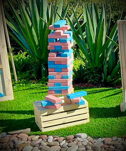 Giant Tumble Tower Game in PINK BLUE Natural + CRATE & STAND